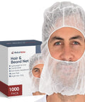 Man wearing white disposable beard and hair net from kit for food service and kitchen, box of 1000-count, full face bouffant hood cap.