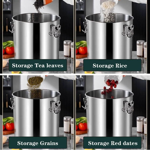 Massive Capacity 304 Stainless Steel Food Dispenser Airtight Kitchen Canister for Beans Coffee Rice Flour with storage for grains.