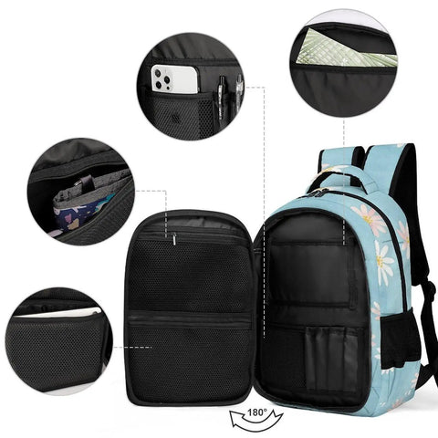 Pastel Daisy Light Blue Watercolor Printed Backpack For Everyday Use Unisex Large Capacity Polyester Go To Daypack with pockets view