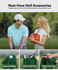 Golf Towel Set Of 3 16x16 Waffle Microfiber Towels With Carabiners And Hooks Includes Club Range Card And Gift Box in use on golf course