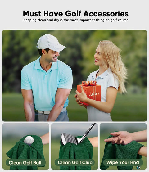 Golf Towel Set Of 3 16x16 Waffle Microfiber Towels With Carabiners And Hooks Includes Club Range Card And Gift Box in use on golf course