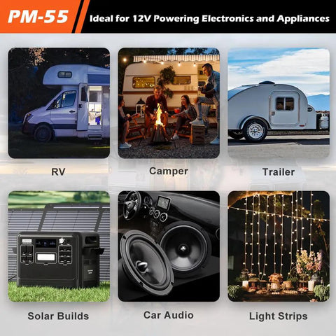 Bad Boy 55 Amp RV Power Converter With Sweet Three Stage Battery Charging For Your Rig And Truck 110 Volt AC To 12 Volt DC powering various applications.