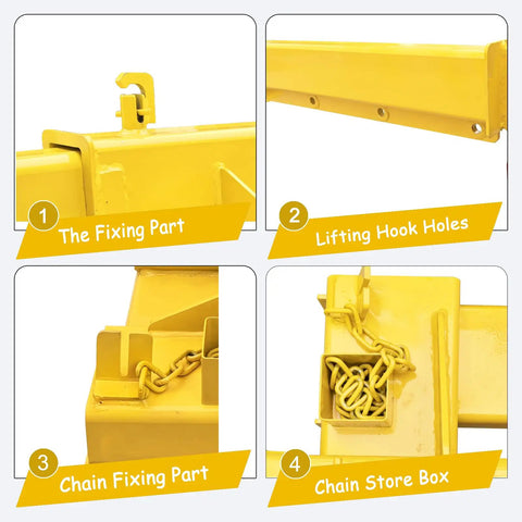 Top Tier Badass 5 Ton 11000 Lb Bidirectional Adjustable Crane Boom Forklift Attachment features lifting hook holes and chain fixing part.