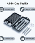 All-In-One 115-In-1 Precision Screwdriver Set with 100 Bits and Tools for electronics, open rugged case displaying bits and tools.