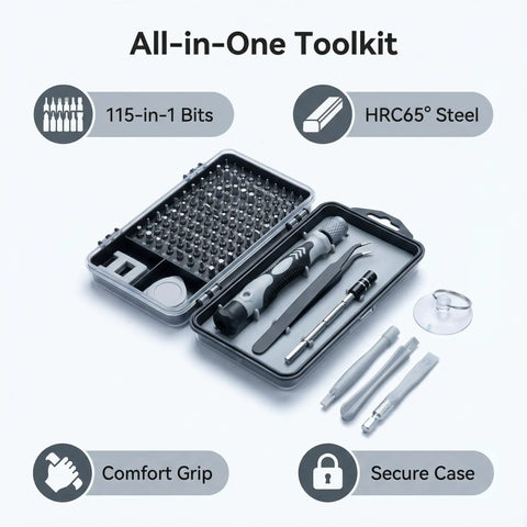 All-In-One 115-In-1 Precision Screwdriver Set with 100 Bits and Tools for electronics, open rugged case displaying bits and tools.
