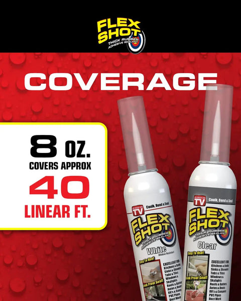 Two eight-ounce tubes of Flex Shot rubber adhesive sealant caulk with clear and white options shown on a red background.