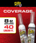 Image of two Flex Shot caulk cans, one in white and one in clear, with coverage info of 8 oz covering 40 linear feet on red background.