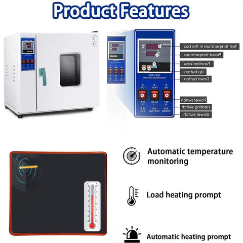 Kickstart Your Projects With This 16 Liter Lab Forced Air Convection Drying Oven Featuring Digital Thermostat And Rock Solid Temp Control Timer For Constant Temperature Blast Drying Curing 110V settings and features overview.