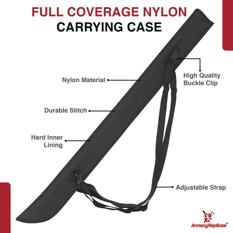 Durable Nylon Katana Sword Holder Case With Hard Lining And Adjustable Cross Chest Straps showcased with features labeled