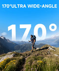 Hiker on mountain trail demonstrating 170° view captured by Kickass 4K Action Camera With 40MP Photo, 3 Axis EIS for adventure sports.