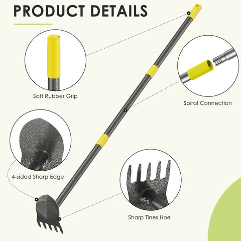 Close-up features of 2 In 1 Garden Hoe And Weed Puller With Adjustable Length 31 To 46 Inches Heavy Duty Carbon Steel Weeding Tool