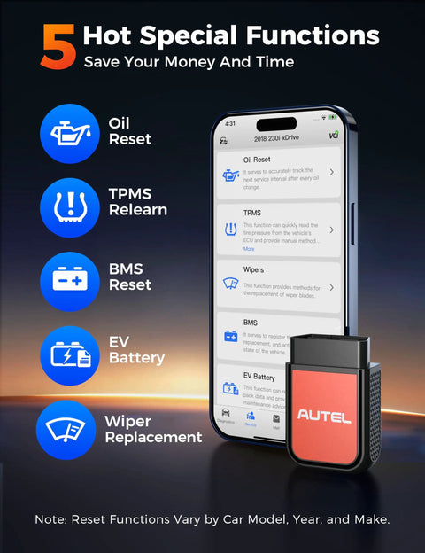2026 Upgraded Bluetooth OBD2 Scanner And Code Reader For All System Scanning presenting smartphone display of functions including Oil Reset.
