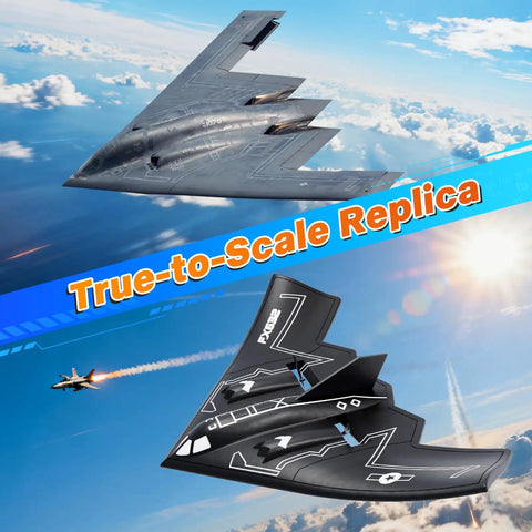 B2 Spirit Stealth Bomber RC Plane Ready to Fly 2CH Remote Control with 6 Axis Gyro Stabilizer shown in flight as true-to-scale replica