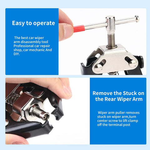 Car Wiper Arm Removal Tool And Battery Terminal Puller for windshield wipers, close-up of tool in operation.