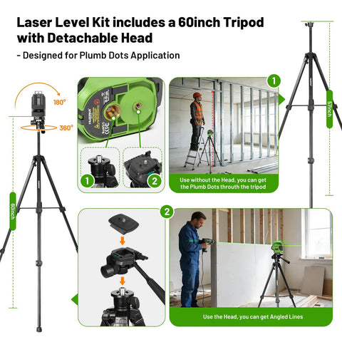 Self Leveling Laser Level With 60 Inch Tripod For Construction And Home Use, Green 360 Degree Horizontal Line And 140 Degree Vertical Line With Two Plumb Dots, Built Tough Workhorse Cross Line Tool For Precise Layout And Quick Alignment, 60-inch tripod