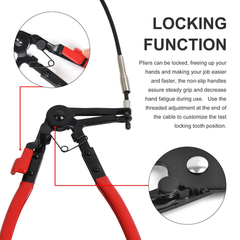 24 Inch Flexible Hose Clamp Pliers Locking Tool With Two Foot Reach, shown with locking function and red handles