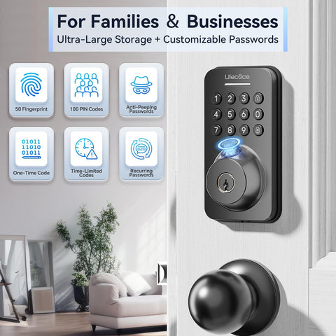 Keyless Entry Door Lock With Handle Set Built In WiFi Fingerprint App Control Doorbell No Key Hassle Smart Home Ready Electronic Keypad Deadbolt One Time Code Auto Lock Easy To Install For Airbnb Home And Office installed on a door with living room visible