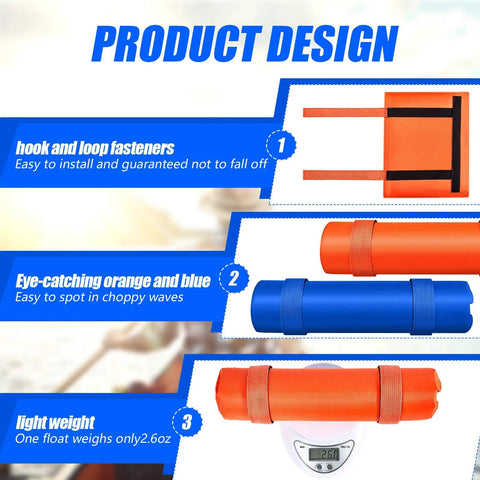 Product design of Four Pack Paddle Floats For Kayak Canoe And Paddleboard Keeps Your Paddles Afloat On The Water Blue And Orange Colors.
