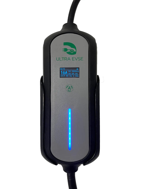 Heavy Duty Electric Vehicle Charger With 25 Foot Cord J1772 Connector And Nema Adapters showing charging status display.