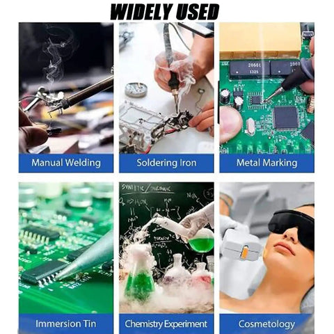 Collage of applications for Desktop Soldering Fume Extractor With Heavy Duty Carbon Filter And Hella Powerful Suction.