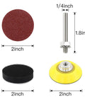 Components of the 2 Inch Sanding Disc Pad Kit For Drill Sander With Hook And Loop Backer Plate, 1/4 inch shaft, and 2 inch discs