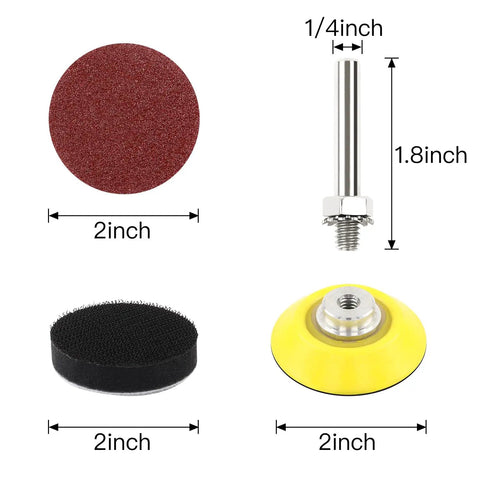 Components of the 2 Inch Sanding Disc Pad Kit For Drill Sander With Hook And Loop Backer Plate, 1/4 inch shaft, and 2 inch discs