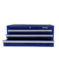 Front view of blue Industrial 3 Drawer Portable Metal Tool Chest Cabinet 26 Inch Heavy Duty Mid Size Steel Tool Storage Box with drawers open