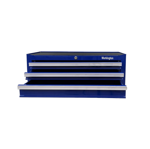 Front view of blue Industrial 3 Drawer Portable Metal Tool Chest Cabinet 26 Inch Heavy Duty Mid Size Steel Tool Storage Box with drawers open