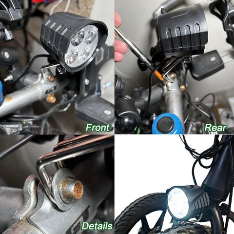 Three Pin Ebike Headlight With Horn For Night Riding, 12W Output, 4000 Lumens From Four LEDs, Universal Bike Light Fits 36V To 72V E Bikes, Durable Aluminum Housing, Waterproof, Road Or Trail Safe Illumination