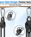 Open-side design of Top Shelf Heavy Duty Black Pulley Block System featuring single wheel for fast rope setup.