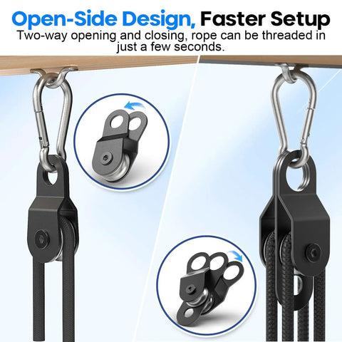 Open-side design of Top Shelf Heavy Duty Black Pulley Block System featuring single wheel for fast rope setup.