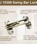 Heavy Duty Swing Bar Lock For Hinged Doors, Door Guard Latch For Child And Pet Safety, Diecast Security Stopper With Brushed Nickel Finish, Durable Steel Construction, Keeps Curious Kids And Pets Safe At Home.