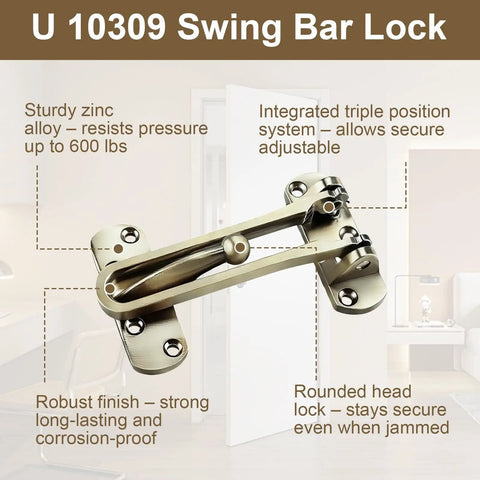 Heavy Duty Swing Bar Lock For Hinged Doors, Door Guard Latch For Child And Pet Safety, Diecast Security Stopper With Brushed Nickel Finish, Durable Steel Construction, Keeps Curious Kids And Pets Safe At Home.