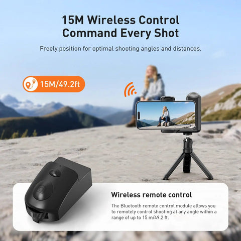 Pro Grade DSLR Style Phone Grip With Bluetooth Remote For iPhone And Android Phones displayed with tripod in mountain setting
