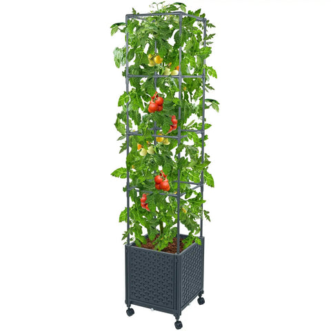Raised Garden Bed Planter With Trellis For Climbing Veggies And Tomatoes, Outdoor Tomato Cage On Wheels, 56.7 Inch Tall Grow Box