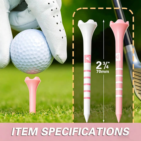 Durable Plastic Golf Tees 60 Pack In Two And Three Quarters Or Three And One Quarter Inch Sizes Plastic Jar With Lid Color Assortment Pink White Blue Built To Last And Cut Down Friction For Longer Straighter Drives image showing pink and white golf tees with a golf ball