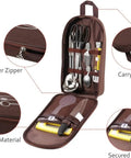 12 Piece Outdoor Camping Cookware Set Stainless Steel Portable Kitchen Tools in brown storage bag with zipper and handle