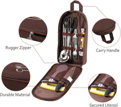 12 Piece Outdoor Camping Cookware Set Stainless Steel Portable Kitchen Tools in brown storage bag with zipper and handle