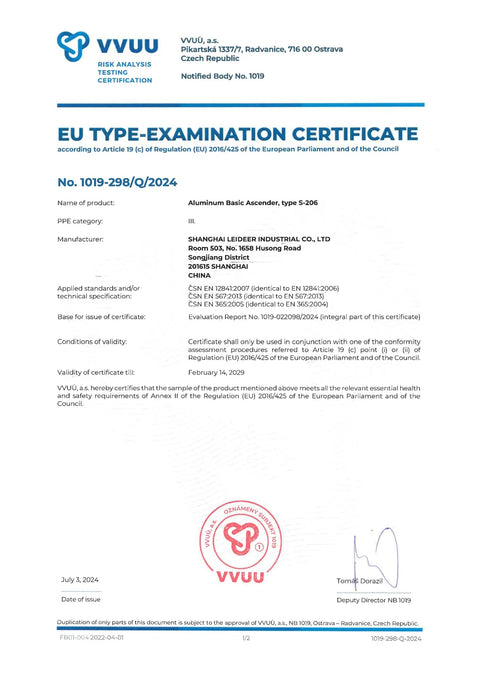 EU type-examination certificate for CE Safety Certified Chest Ascender For Rock Climbing And Rappelling, VVUÚ sign