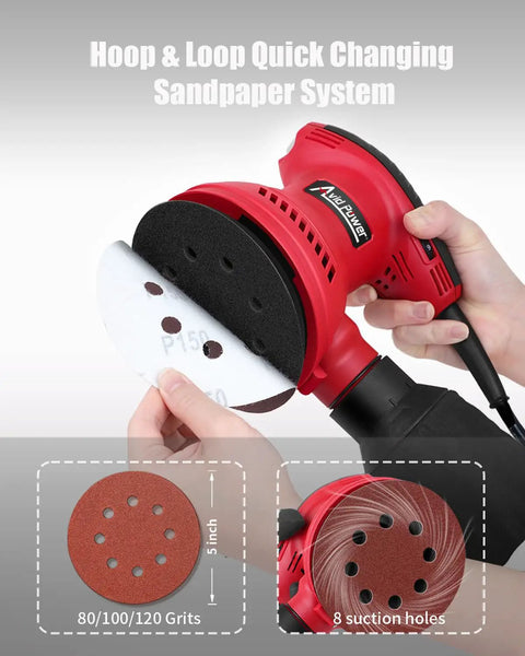 Heavy Duty Five Inch Random Orbital Sander Featuring Six Variable Speeds And A Badass 360 Watt Motor For Killer Wood Finishes Plus Low Vib Build With An Easy Dump Dust Bag For Quick Projects with loop sandpaper system