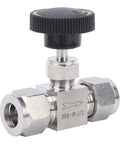 Front view: Needle valve, 304 stainless steel, Ф1/2, black knob, side inlet/outlet compression fittings for water/gas