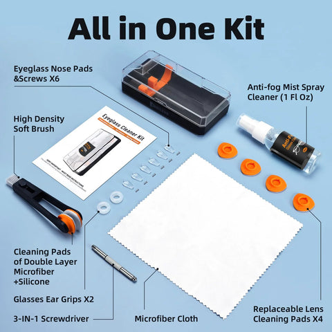 Ordilend All-in-One Eyeglasses Cleaning Kit with microfiber cloth, anti-fog spray, lens pads, nose pads, screws.