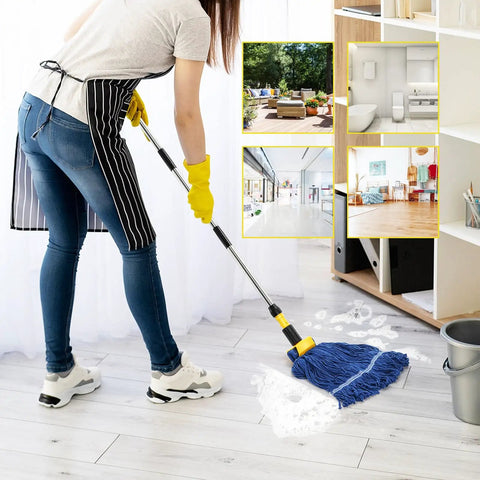 Person using Heavy Duty Commercial Mop With 64 Inch Handle Looped End Wet Mop For Wet And Dry Cleaning Industrial Cotton Dust Mop