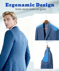 Man in blue suit with ergonomic design shown on Beefy Extra Wide Solid Wood Hangers With Non Slip Bar And 360 Degree Swivel Hook For Suits.