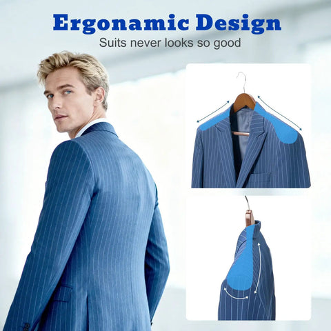 Man in blue suit with ergonomic design shown on Beefy Extra Wide Solid Wood Hangers With Non Slip Bar And 360 Degree Swivel Hook For Suits.