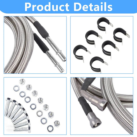 No Sweat Flexible Stainless Steel Braided Fuel Line Quick Fix Kit components including hoses, fittings, brackets, and hardware.