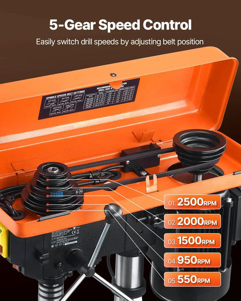 5-Gear speed control of 10 Inch Benchtop Drill Press With 6.2A Induction Motor and multi-speed settings for wood and metal projects