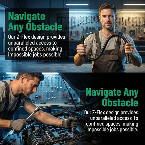 Mechanic holding Half Inch Flexible Shaft Extension Bar For Impact Wrench And Ratchet, used in auto repairs and machinery maintenance.