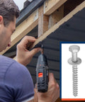 Man installs deck using 60 Pack Three Eighth Inch By Four Inch Lag Screws With Washers Hot Dip Galvanized Heavy Duty Wood Decks And Fences Kit For Outdoor Projects With Guide Holes For Easy Installation.