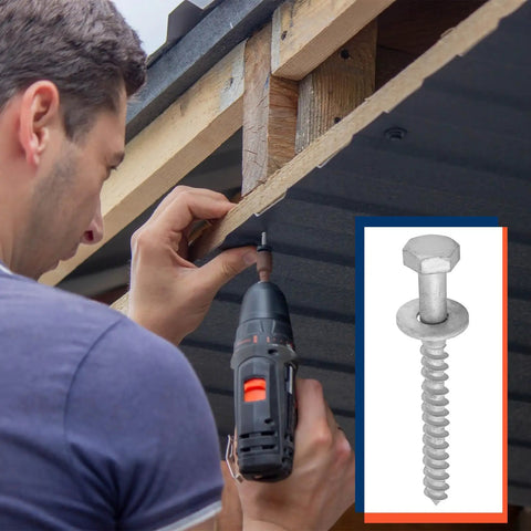 Man installs deck using 60 Pack Three Eighth Inch By Four Inch Lag Screws With Washers Hot Dip Galvanized Heavy Duty Wood Decks And Fences Kit For Outdoor Projects With Guide Holes For Easy Installation.